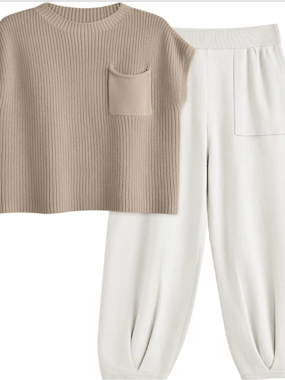 Knit Pocket Sweater & Cream Jogger Pants Set